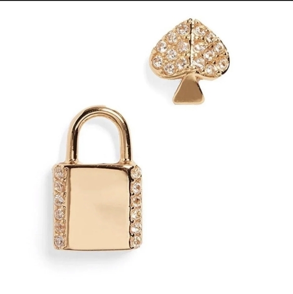 Kate Spade Lock & Spade Earrings Mismatch Stud NWT NEW Post Back Gold - Picture 1 of 10